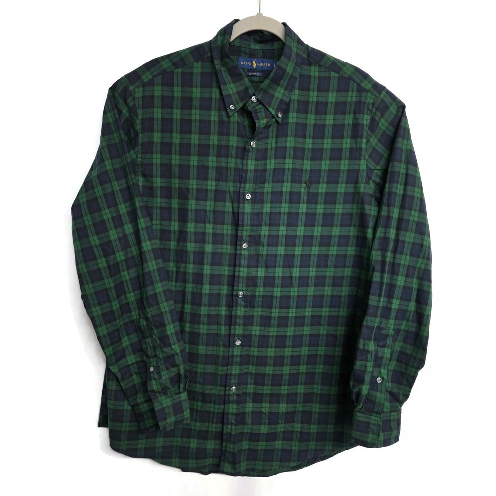 Polo Ralph Lauren Mens Classic Fit Blackwatch Plaid Cotton Shirt Green Blue L